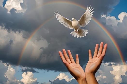 Two hands releasing a white dove, with two rainbows in the background and a grey cloudy sky