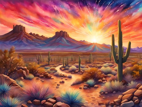 New Mexico desert with a sun in splashing colors at the horizon in watercolour. Fantasycore style