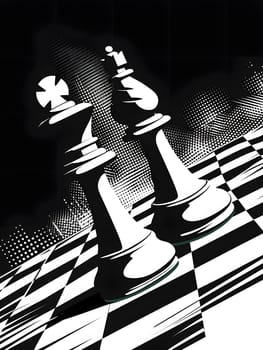 A monochrome image of a black and white chess board with two chess pieces on it. The contrast creates a dramatic effect, enhancing the art of the game