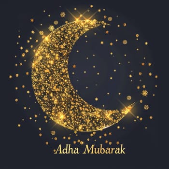 A luxurious golden crescent surrounded by twinkling stars, with Adha Mubarak inscription, ideal for Eid al-Adha celebrations and greetings