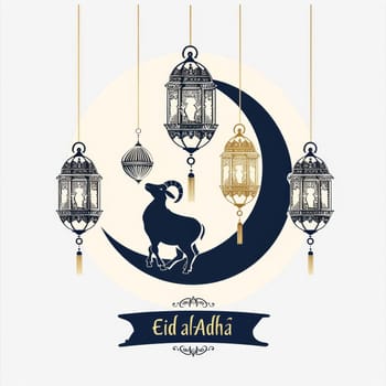 Artistic rendering of Eid al-Adha with hanging lanterns and a silhouette of a goat against a crescent moon
