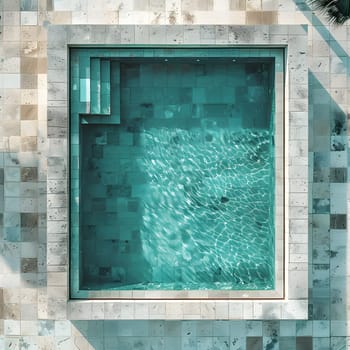 A rectangle swimming pool with green brickwork border seen from above. Surrounding it are fixtures, windows, and glass facades, a picturesque view of real estate