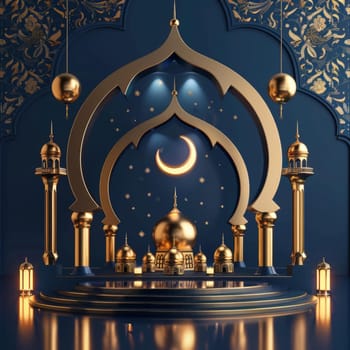 Artistic depiction of an ornate mosque with a golden arch framing a crescent moon and stars