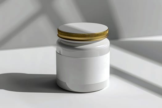 A jar with a gold lid sits on a white surface. The jar is empty and has a label on it. The jar is placed in a way that it is facing the camera, and the light is shining on it, creating a shadow