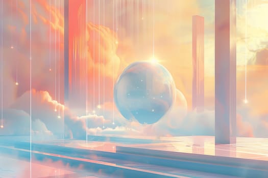 A large sphere is floating in the air above a cityscape. The sky is filled with clouds and the sun is shining brightly. The scene is surreal and dreamlike