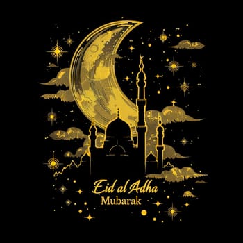 A striking Eid al Adha greeting showcasing a mosque silhouette and a large crescent adorned with clouds and stars