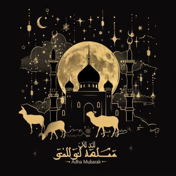 Artistic Eid al Adha design featuring a mosque with golden accents, animals silhouettes, and an intricate crescent moon