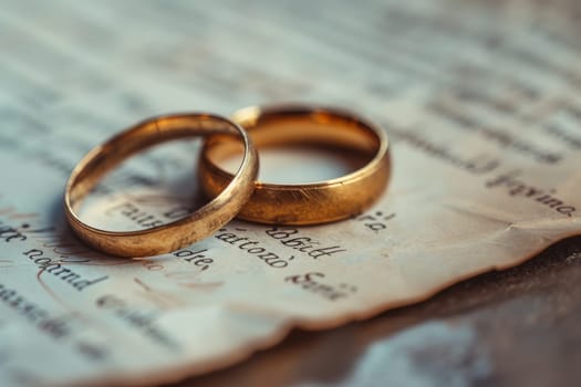 Two gold wedding rings on a piece of paper. The rings are placed on top of the paper, and the paper is slightly crumpled. Concept of love and commitment