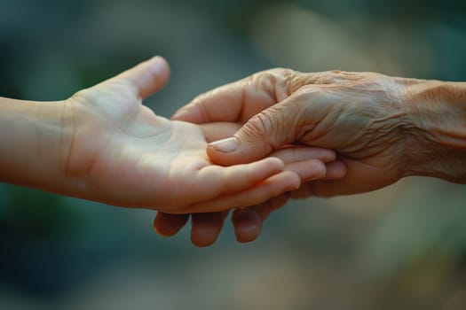 A young girl is holding an older man's hand. Concept of warmth and connection between the two people