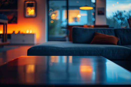 A living room with a blue couch and a coffee table. The table has a reflection of the couch and the room is lit with candles