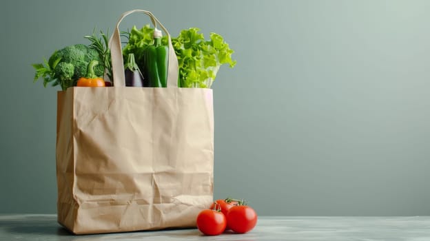 A brown paper bag filled with vegetables including tomatoes, broccoli, and carrots. The bag is placed on a table