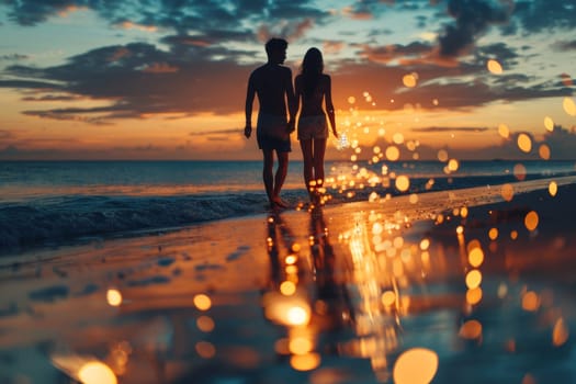 Happy, young couple on beach at summer night.