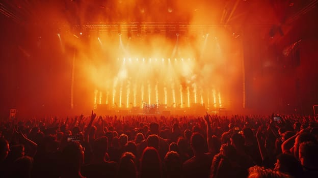 A large crowd of people are gathered in a stadium, with a stage in the middle. The stage is lit up with bright lights and the crowd is cheering and clapping. The atmosphere is energetic and lively