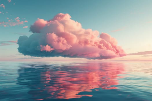 A large pink cloud floating over the ocean. The sky is blue and the water is calm