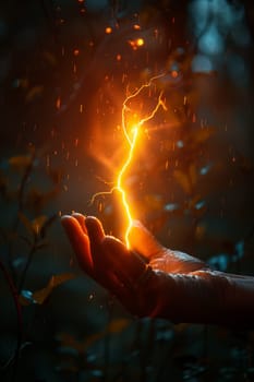 A hand holding a lightning bolt. Concept of power and energy, as the lightning bolt is a symbol of electricity and strength. The hand holding the bolt also adds a human element to the image