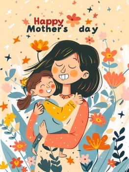 Colorful illustration of a mother hugging her daughter with joy, celebrating Mothers Day among vibrant flowers