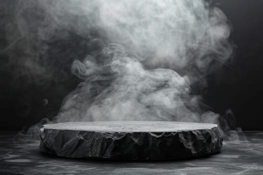 A large rock with smoke coming out of it. The smoke is thick and dark, giving the impression of a mysterious and ominous atmosphere