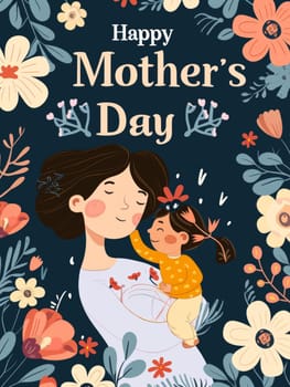 A Mothers Day card showcasing a mother joyfully holding her daughter amidst vibrant flowers on a navy blue backdrop