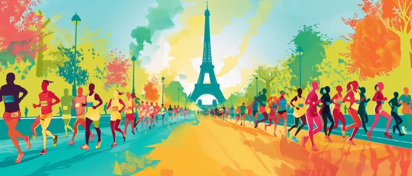 A wide illustration captures a diverse group of runners in a marathon with the Eiffel Tower as a colorful backdrop