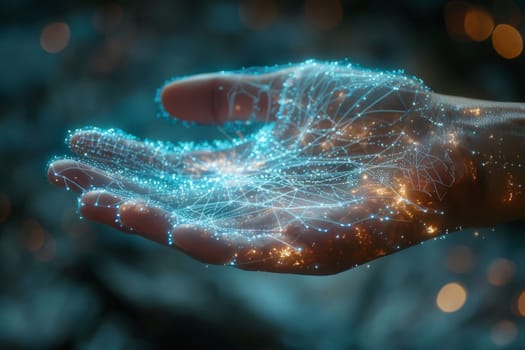 A hand is shown in a blue and yellow light, with the fingers spread out. Concept of wonder and fascination, as if the viewer is looking at a futuristic or otherworldly technology