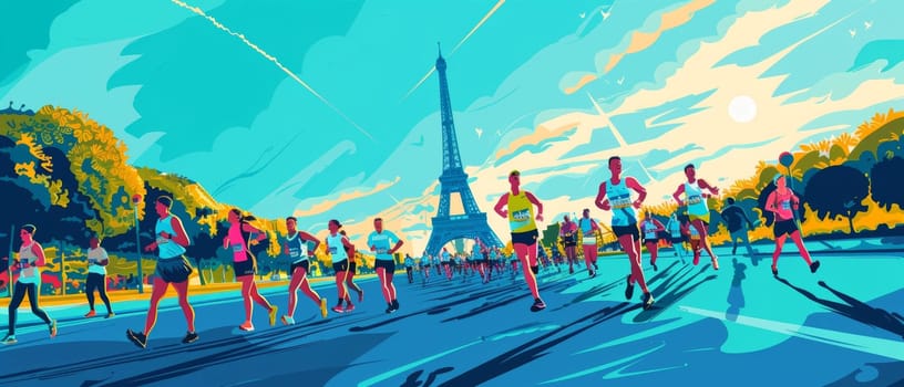 Illustration of marathon runners on a sunlit Paris street with the Eiffel Tower in the background and a vivid sky overhead