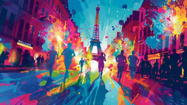 An artistic interpretation of nocturnal runners in Paris with the Eiffel Tower illuminated by a kaleidoscope of colors and urban energy
