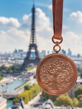 A close-up of a bronze medal hanging with an intricate tree design, the Eiffel Tower in soft focus behind under a clear sky
