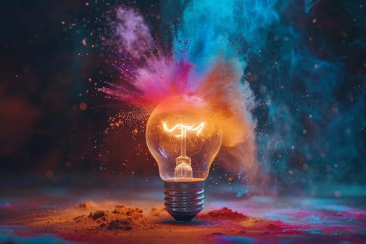 A light bulb is lit up and surrounded by colorful powder. The light bulb is surrounded by a cloud of smoke, giving the impression of a burst of energy. Concept of excitement and creativity