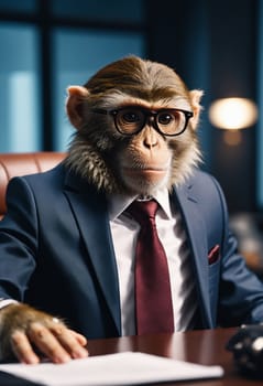 A happy monkey in formal whitecollar worker attire, wearing a suit and tie, is seated at a desk. It appears to be at an official event, gesturing while sporting eyewear for vision care