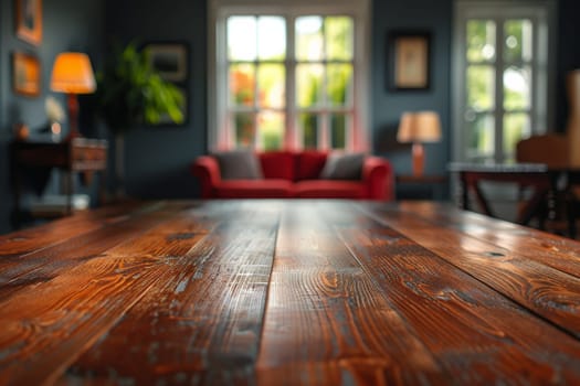 A living room with a red couch and a wooden table