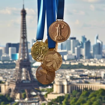 Close-up of a collection of sports medals hanging with the Eiffel Tower as a blurred backdrop, symbolizing athletic achievements in the city of lights