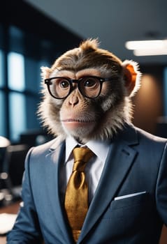 A happy monkey in formal whitecollar worker attire, wearing a suit and tie, is seated at a desk. It appears to be at an official event, gesturing while sporting eyewear for vision care