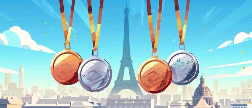 Illustration of vibrant sports medals against a stylized backdrop of Paris and the Eiffel Tower, capturing the essence of competitive spirit