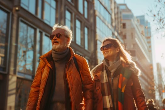 A man and woman are walking down a city street, both wearing sunglasses. The scene is bright and sunny, with the sun shining on the buildings and the people