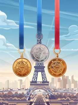 Illustration of three shiny medals with ribbons against a backdrop of the iconic Eiffel Tower and Paris skyline under a clear sky