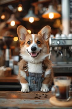A dog is sitting on a counter in a coffee shop. The dog is wearing an apron and he is smiling