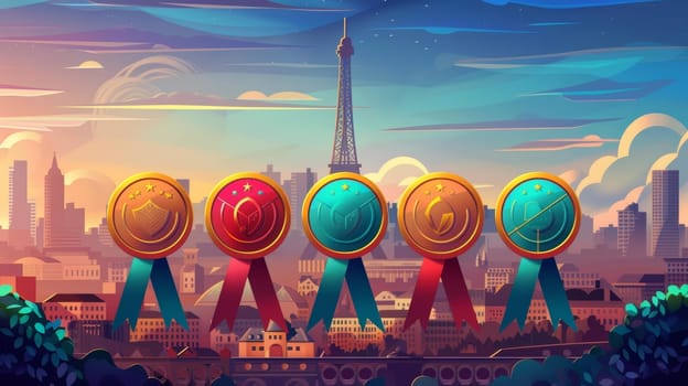 Colorful medals with intricate designs displayed before a stylized Eiffel Tower and a serene Parisian cityscape at dusk