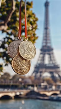 A trio of golden medals, embossed with intricate designs, dangle in sharp focus with Pariss iconic Eiffel Tower softly blurred in the background, offering a symbol of achievement with a touch French