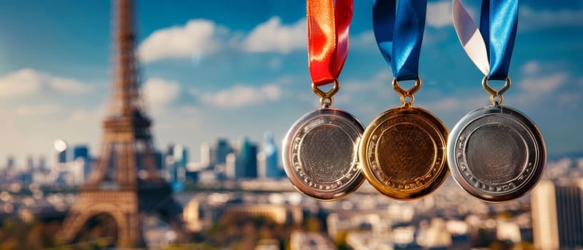 Silver, gold, and bronze medals with vivid ribbons hang before a sunlit Paris skyline, with the Eiffel Tower reaching into the blue sky, symbolizing triumph and Parisian pride