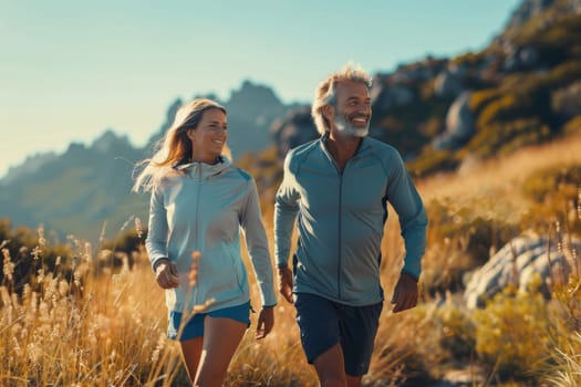 A couple is walking in a field with a beautiful view of mountains in the background. The man is wearing a blue jacket and the woman is wearing a gray jacket. They are both smiling