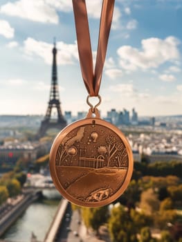 A close-up of a bronze medal with intricate designs, suspended in front of the iconic Eiffel Tower and Paris skyline under a clear blue sky