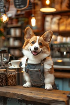 A dog is sitting on a counter in a coffee shop. The dog is wearing an apron and he is smiling