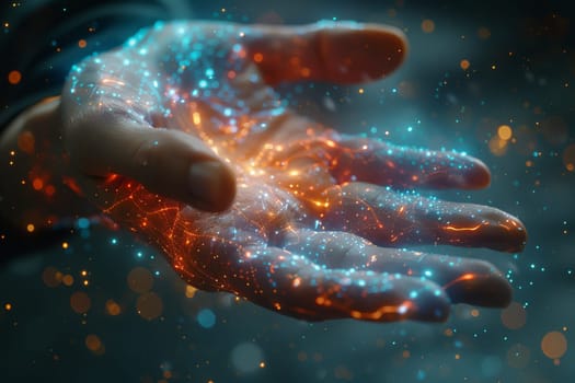A hand is holding a glowing object with a blue and orange glow. Concept of wonder and awe, as if the hand is holding something magical or otherworldly