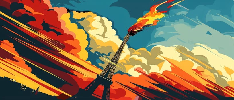 Vivid art depicting the Eiffel Tower engulfed in flames with swirling clouds and streaks of yellow and orange, conveying energy and transformation