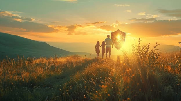 A man and a child are walking through a field of tall grass. The man is holding a shield, and the child is holding his hand. The sky is orange and the sun is setting, creating a warm