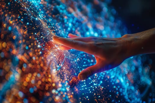A hand is touching a glowing blue and orange background. Concept of wonder and curiosity, as if the hand is reaching out to explore the unknown