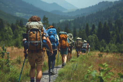 A group of people are hiking in the woods, with some of them carrying backpacks. Scene is peaceful and adventurous