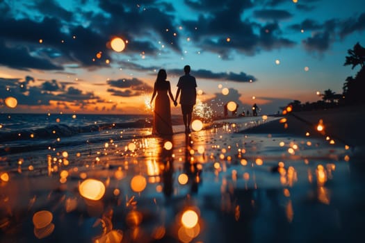 Happy, young couple on beach at summer night.