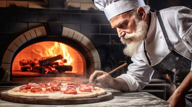 Pizza maker, restaurant chef takes pizza out of the oven, from an oven with real fire in a traditional restaurant. Making pizza in a private pizzeria, small business, private business, chain restaurant, flavorful food, advertising, copy space