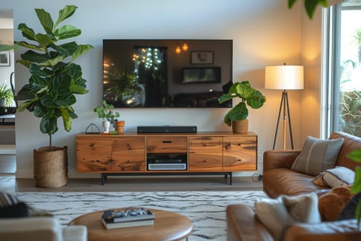 A living room with a large flat screen TV, a couch, and a coffee table. The room is decorated with plants and has a cozy, inviting atmosphere